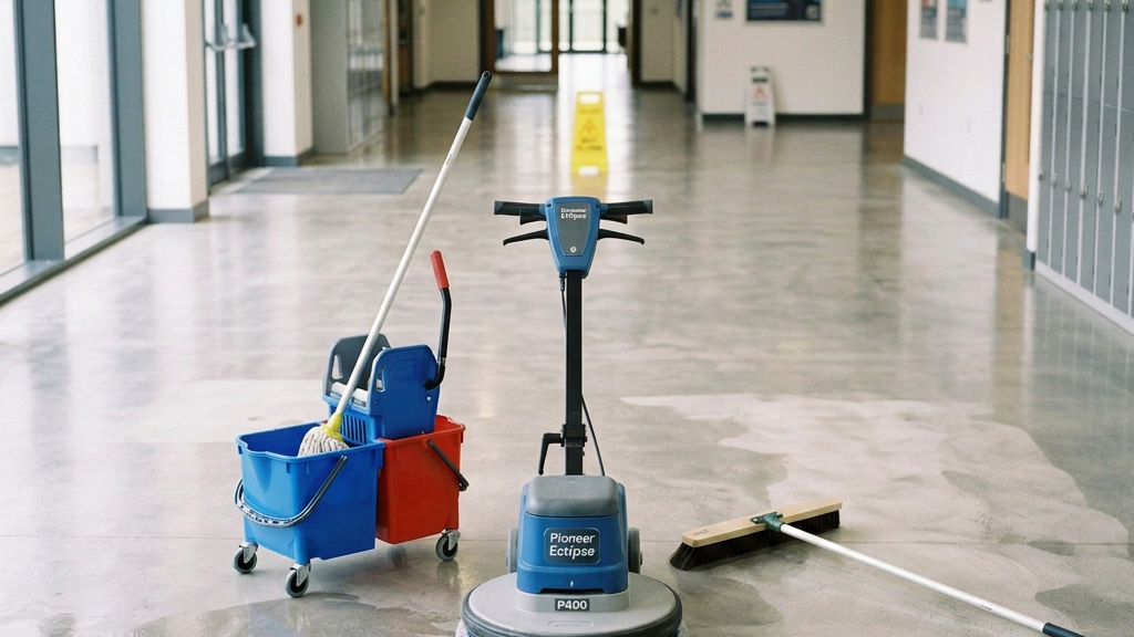 Commercial floor cleaning equipment in a school hallway